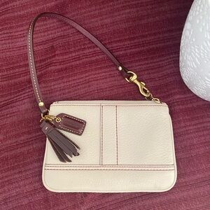 COACH Ecru/Cranberry Pebbled Leather Wristlet